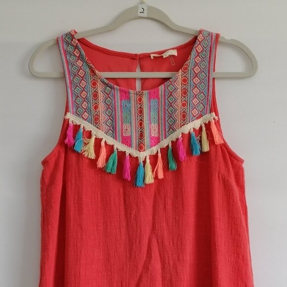 Entro Women's Pink Tasseled Diamond Print Boat Neck Sleeveless Dress Size Small - Picture 2 of 7